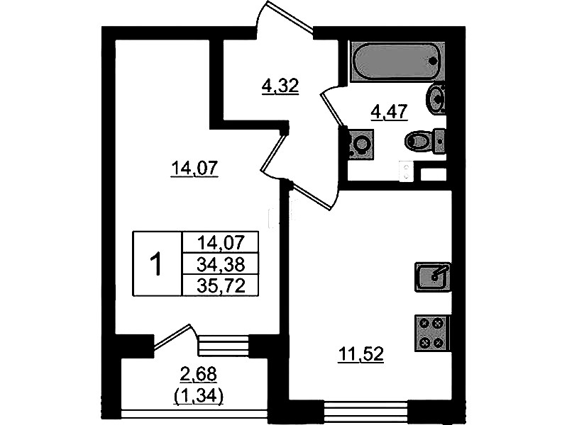 1-комнатная квартира 35.72 м², 2/4 эт., ЖК «Новая история»